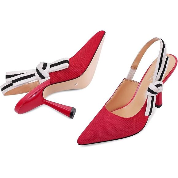 🆕Women Red Heels Pointed Toe High Heels Bowknot Knitted Dress Pumps Shoes - Picture 3 of 7